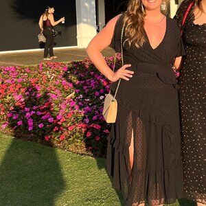 Next to You Black Swiss Dot Ruffled Midi Dress - Size L